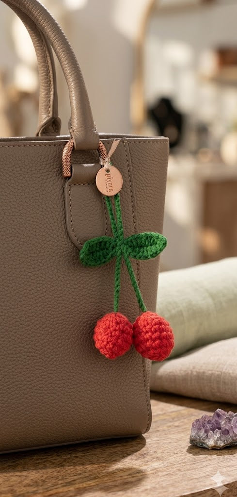 Sweet Cherry Fiber Art Keychain.