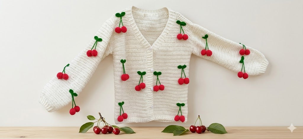 Handmade Cream Crochet Cardigan with 3D Cherry Appliqués.