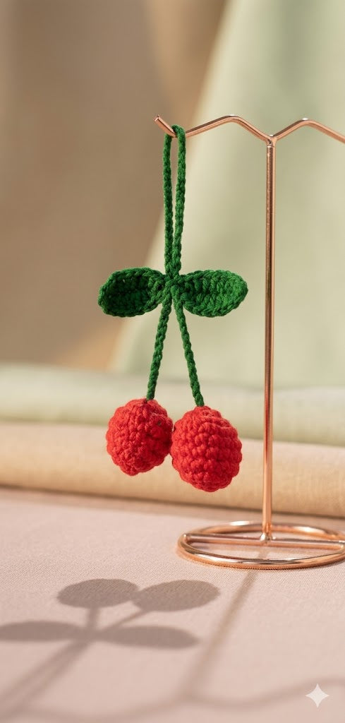Sweet Cherry Fiber Art Keychain.
