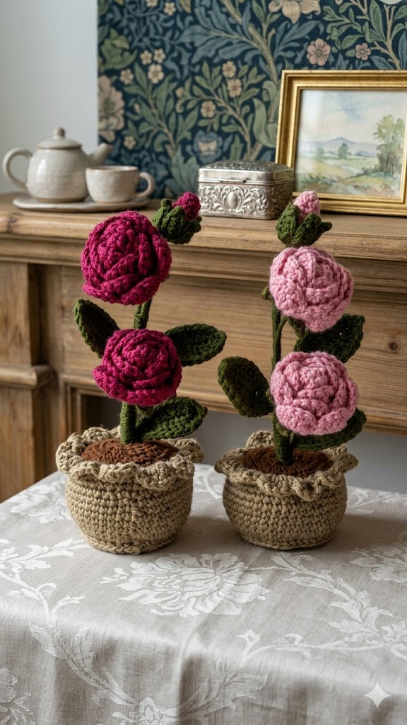 Handmade Crochet Potted Rose Plants.
