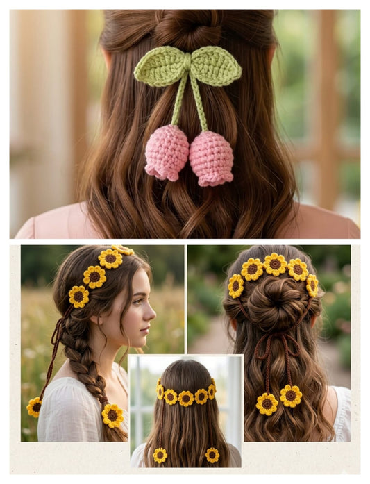 Handmade Crochet Tulip Hair Tie | Aesthetic Flower Hair Bow Cottagecore Hair Accessories for Women & Girls