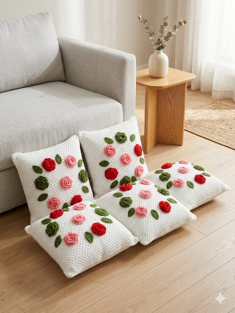 Handmade Crochet Rose Cushion Covers – Set of 5 Floral Throw Pillows