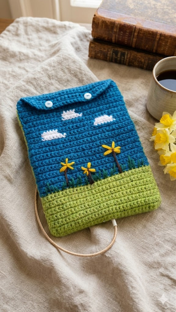 Artisan Crochet Tablet Cover with Button Closure.
