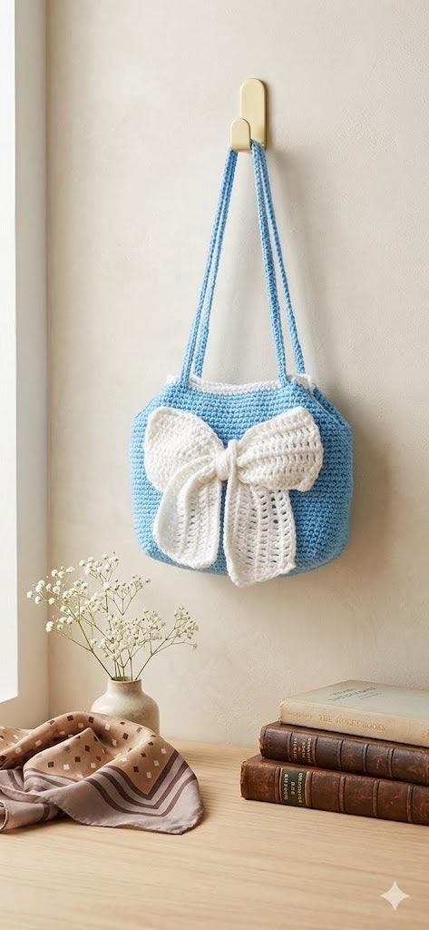 Handmade Pastel Blue Crochet Tote Bag with Oversized White Bow